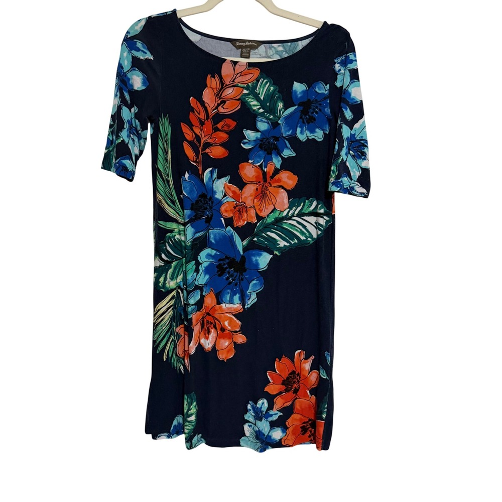 Tommy Bahama Womens XS Navy Blue Tropical Floral Viscose Stretch Shift Dress